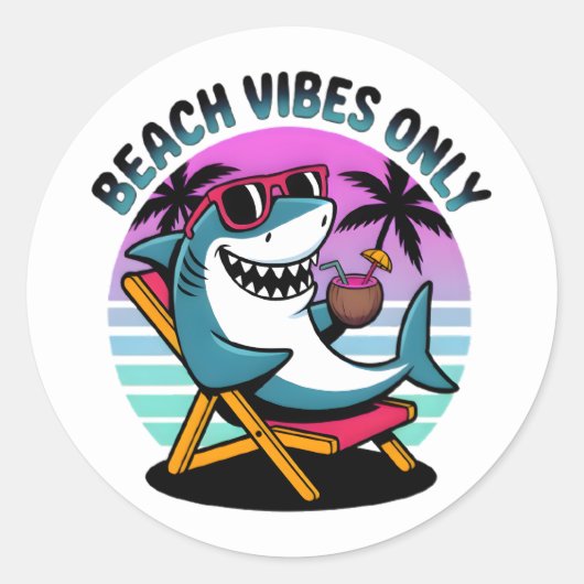 Sticker Rond Vibes Plage Rétro Amusant Seulement Requin (Devant)