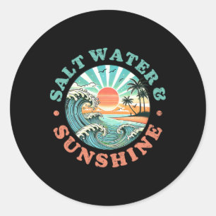 Sticker Rond Vibes Rétro de Plage d'Été,eau Salée Et Soleil,s