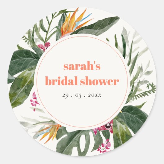 Sticker Rond Vibrant Blush Boho Tropical Floral Fête des mariée (Devant)