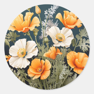 Sticker Rond Vibrant California Poppy Botanical