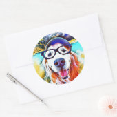 Sticker Rond Vibrant Golden Retriever Nerd lunettes Peinture (Enveloppe)