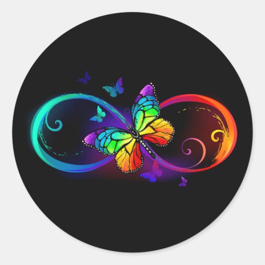 Sticker Rond Vibrant infinity with rainbow butterfly on black (Devant)