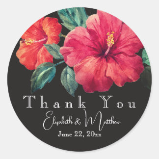 Sticker Rond Vibrant Red Hibiscus Elegant Black/White Thank You