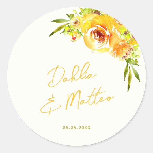 Sticker Rond Vibrant Yellow Green Floral Summer Custom Wedding (Devant)