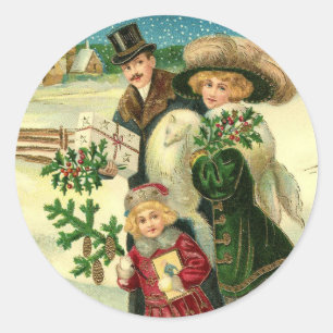 Sticker Rond Victorian Famy in the snow Christmas scene