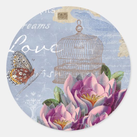 Sticker Rond Victorian Love Thoughts Dreams Butterfly Bird Cage (Devant)