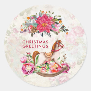 Sticker Rond Victorian Vintage Rocking Horse Noël Salutation