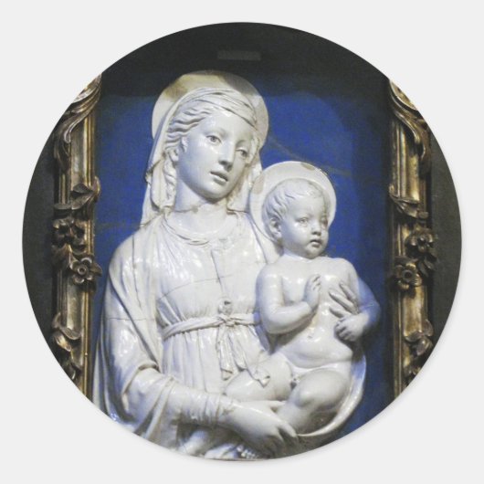 Sticker Rond VIERGE AVEC ENFANT, Noël Blanc Bleu (Devant)