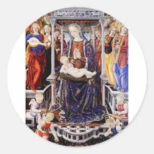 Sticker Rond Vierge et Enfant enthronés avec Ange musicien