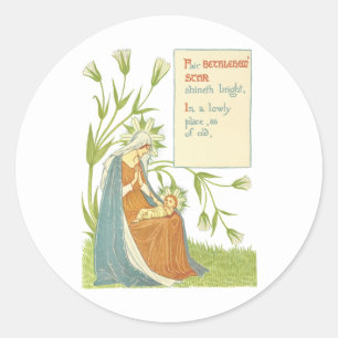 Sticker Rond Vierge Marie Bébé Jésus Fleurs du jardin Art