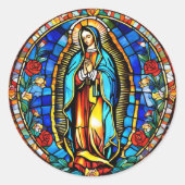 Sticker Rond Vierge Marie dans la prière Vitrail catholique Sai (Devant)