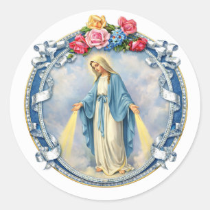 Sticker Rond Vierge Marie Floral Religieux Vintage Catholique