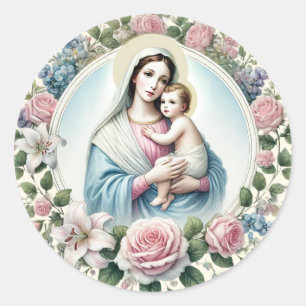 Sticker Rond Vierge Marie Jésus rose Roses catholiques