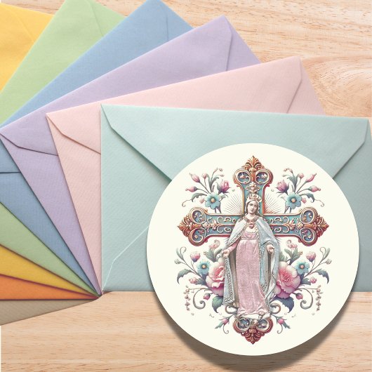 Sticker Rond Vierge Marie Roses Vintages Croix catholique