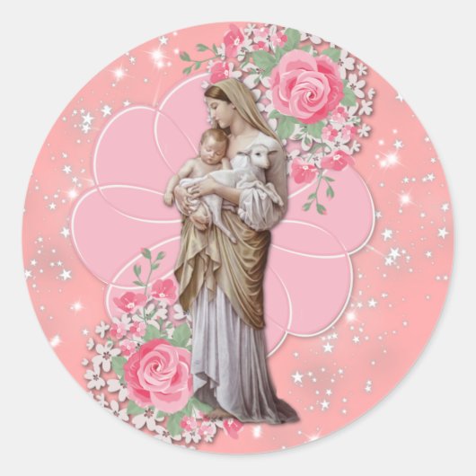 Sticker Rond Vierge religieuse Marie Jésus Roses roses Étoiles (Devant)