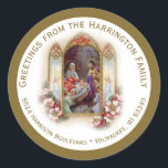 Sticker Rond Vierge religieuse Marie - La Nativité de Noël de J<br><div class="desc">Une belle image catholique vintage de la Nativité,  de la Bienheureuse Vierge Marie avec Saint Joseph et du Bébé Jésus avec des anges dans l'adoration. Tous les textes et polices peuvent être modifiés.</div>