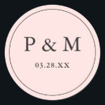 Sticker Rond Vierge rose Date de sauvegarde Monogramme Mariage<br><div class="desc">Chic Enregistrer la date sceaux de l'enveloppe pour mariages avec monogrammes à une lettre et date mariage,  en noir,  contre arrière - plan rose pâle. Customisez facilement les scellés d'enveloppe élégants avec vos initiales et votre date de mariage.</div>