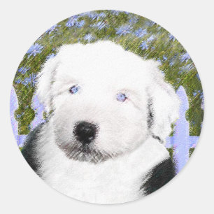 Sticker Rond Vieux anglais Sheepdog Puppy Peinture - Chien Art