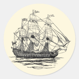Sticker Rond Vieux Galion de Pirates, Esquisse d'un Navire de 7