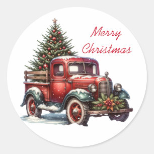Sticker Rond Vieux Noël Vintage Camion rouge
