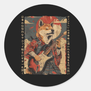 Sticker Rond Vieux Oeuvre Japonaise Samurai Chien Jouant L'Élec