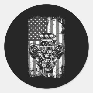 Sticker Rond Vieux Véhicule Musclé Piston Drapeau Américain Méc