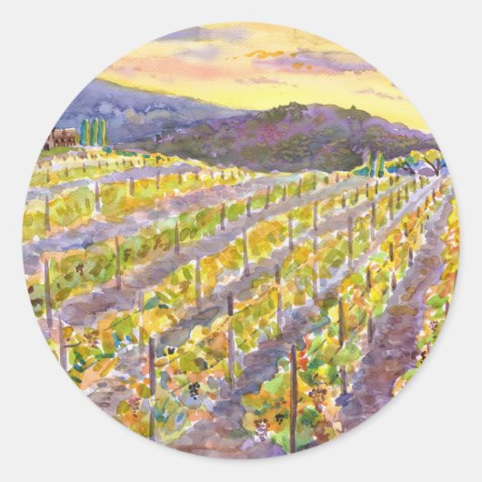 Sticker Rond Vignoble au coucher du soleil – Paysage à l'aquare (Devant)