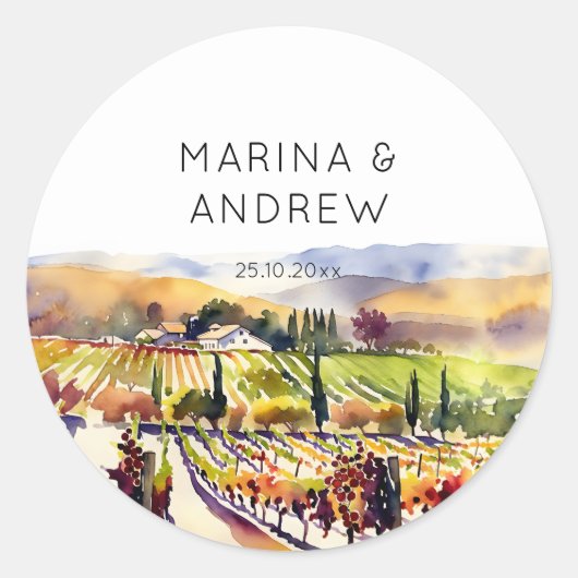Sticker Rond Vignoble Napa Valley aquarelle mariage (Devant)
