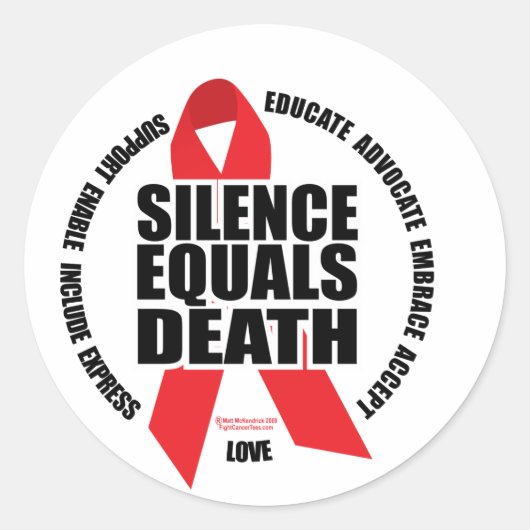 Sticker Rond VIH/SIDA : le silence équivaut à la mort (Devant)