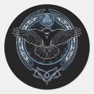 Sticker Rond Viking Raven Munin et Valknut