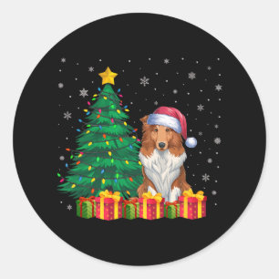 Sticker Rond Vilain Collie Santa Hat Feux de Noël Amoureux des