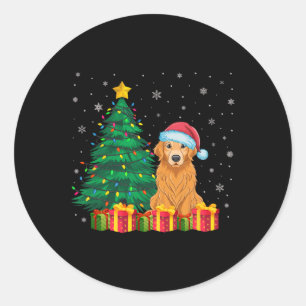 Sticker Rond Vilain Golden Retriever Santa Hat lumières de Noël