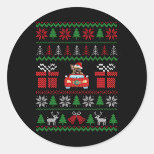 Sticker Rond Vilain Noël Français Chien à cheval Voiture Rouge