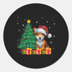 Sticker Rond Vilain Toy Fox Terrier Santa Hat Les lumières de N