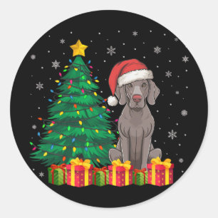 Sticker Rond Vilain Weimaraner Santa Hat Feux de Noël Chien Log
