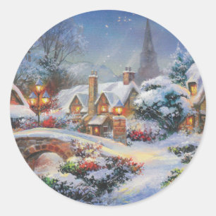 Sticker Rond Village de Noël d'hiver vintage