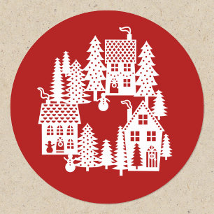 Sticker Rond Village de Noël Rouge et Blanc