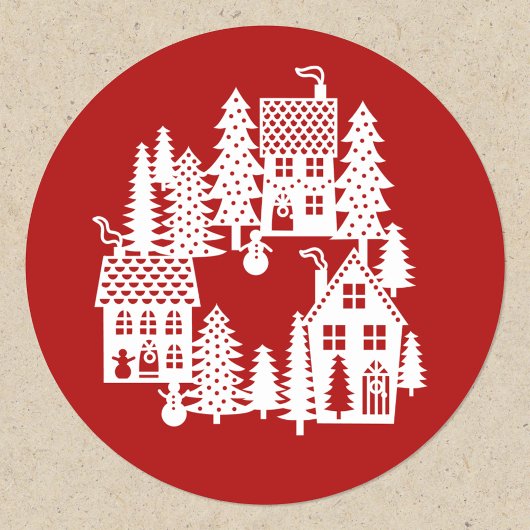 Sticker Rond Village de Noël Rouge et Blanc