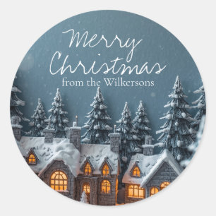 Sticker Rond Village d'hiver cosy Noël nom personnalisé