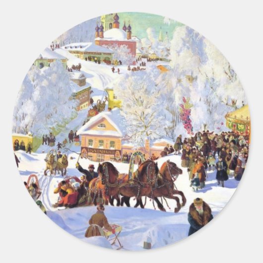 Sticker Rond Village russe en hiver (Devant)
