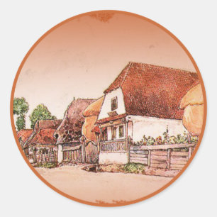 Sticker Rond Village Vintage orange brûlé de Hongrie
