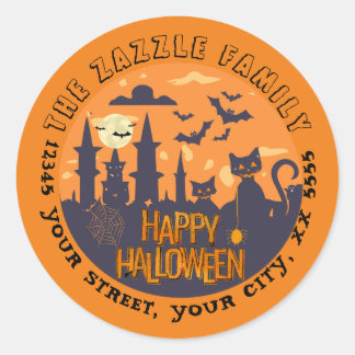 Sticker Rond Ville d'Halloween avec chats noirs enchanteurs
