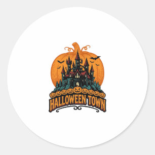 Sticker Rond Ville d'Halloween Château Hanté Vintage Citrouille