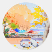 Sticker Rond Ville paysage automne aquarelle (Devant)