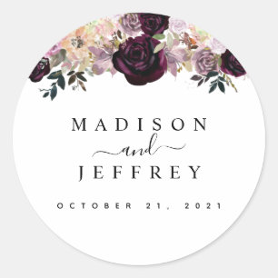 Sticker Rond Vin Plum Mauve Fall Floral Mariage