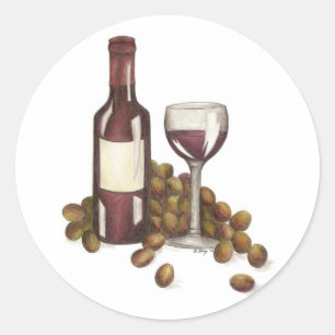 Sticker Rond Vin Rouge Dégustation Bouteille Raisins Verre Véri