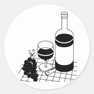 Sticker Rond Vin Verre et bouteille Raisins Boisson alimentaire