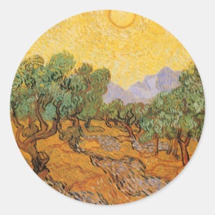 Sticker Rond Vincent van Gogh - Oliviers, Ciel Jaune et Soleil