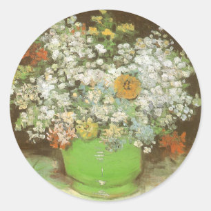Sticker Rond Vincent van Gogh - Vase avec des Zinnias et des Fl