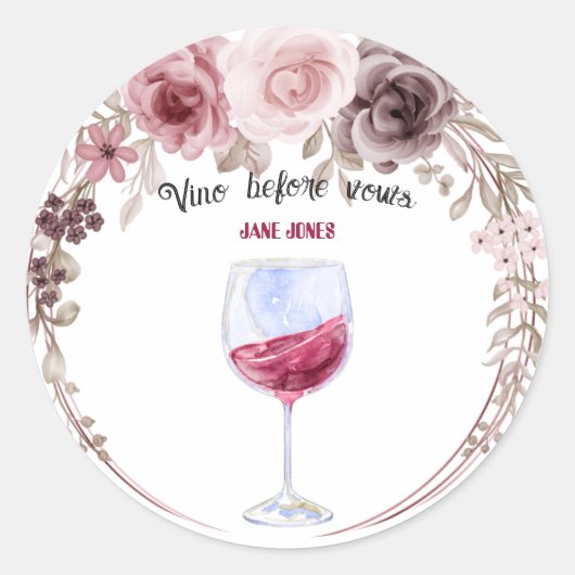 Sticker Rond Vino avant les vœux fête prénuptiale rose et borde (Devant)